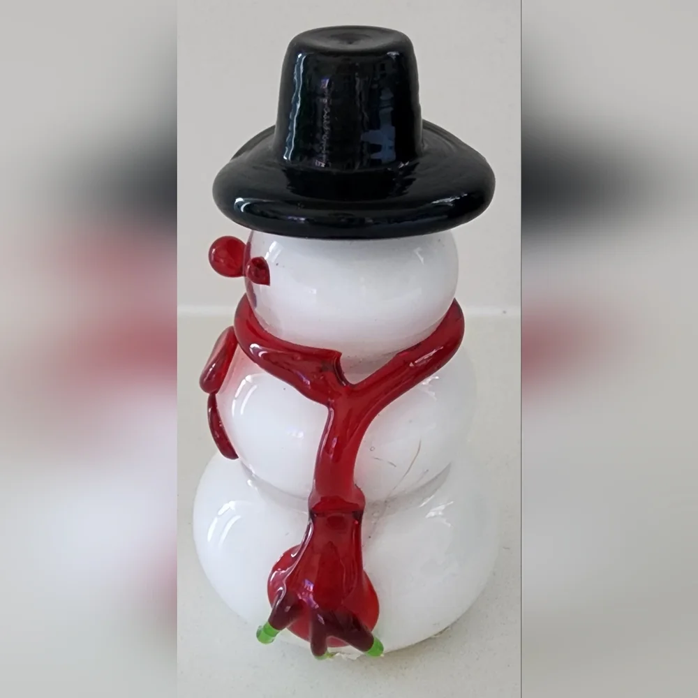 Vintage Blown Art Glass Snowman Red Green‎ Scarf Top Hat Christmas Figurine 4